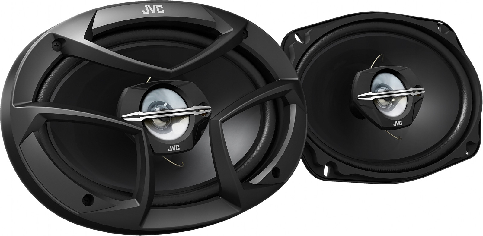 Altoparlanti ovali per auto da 6x9 pollici, modello JVC CS-J6930, casse a 3 vie coassiali, con woofer ellittici 15x23 cm, midrange e tweeter, per installazione nella predisposizione delle portiere oppure a pannello pianale sulla cappelliera. Vista principale.